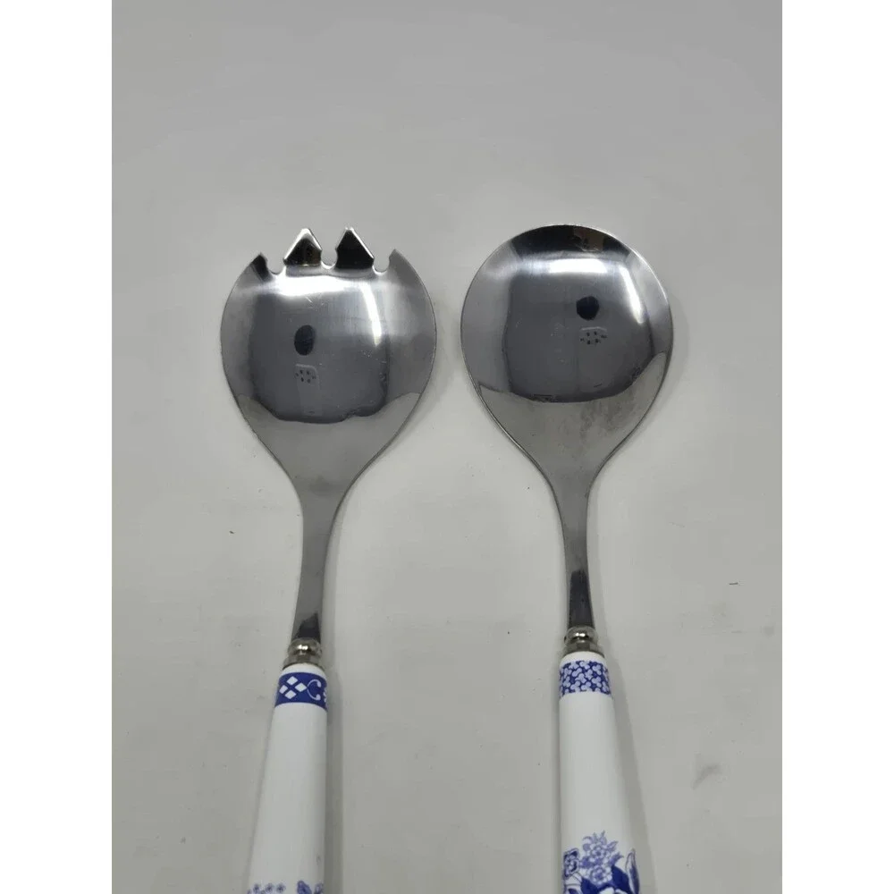 VINTAGE SPODE ITALIAN SALAD SERVERS WHITE BLUE FLORAL STAINLESS & PORCELAIN SET